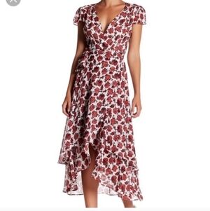 Betsey Johnson Floral Wrap Midi Dress Size 14 Asymmetric Hem Layered Romantic